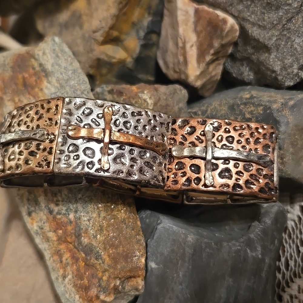 Intricate Bronze & Silver Cross Bracelet
